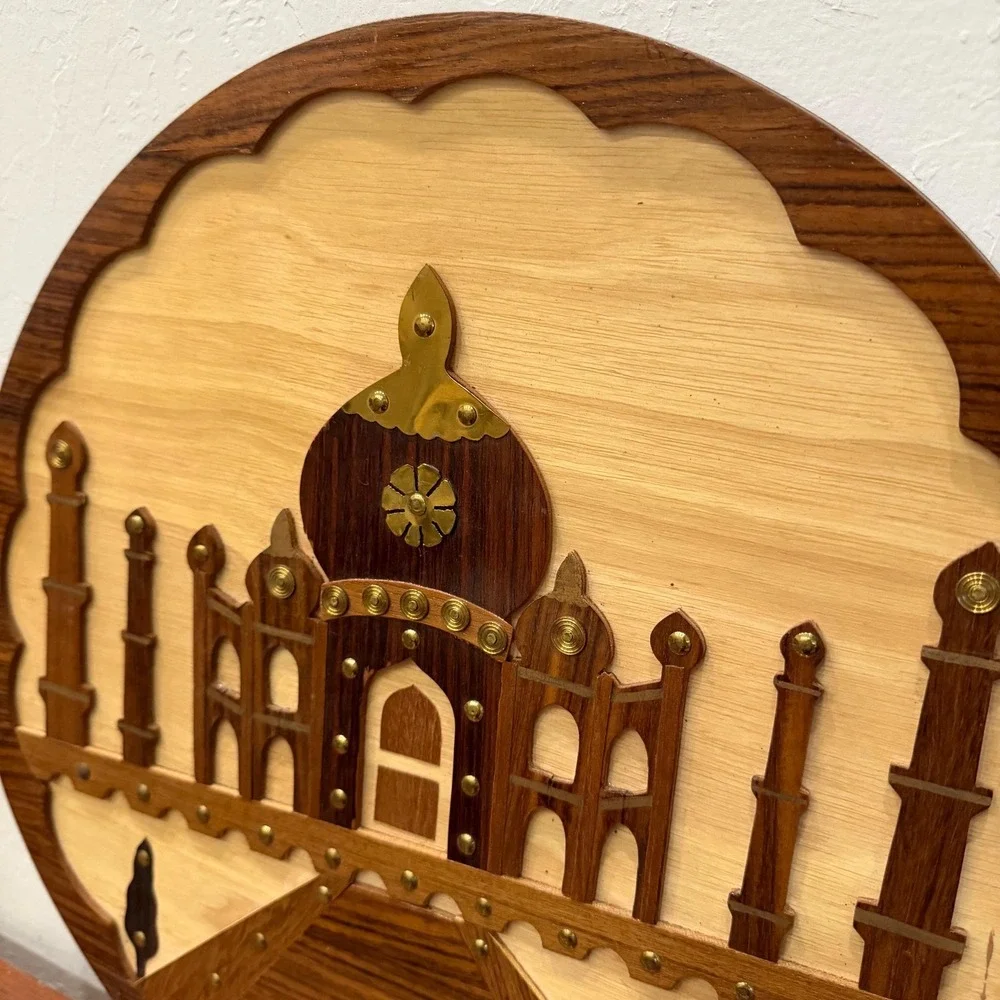 Vintage Indian‎ Taj Mahal Wood Inlay Wall Plaque Round Brass Studded Handmade
